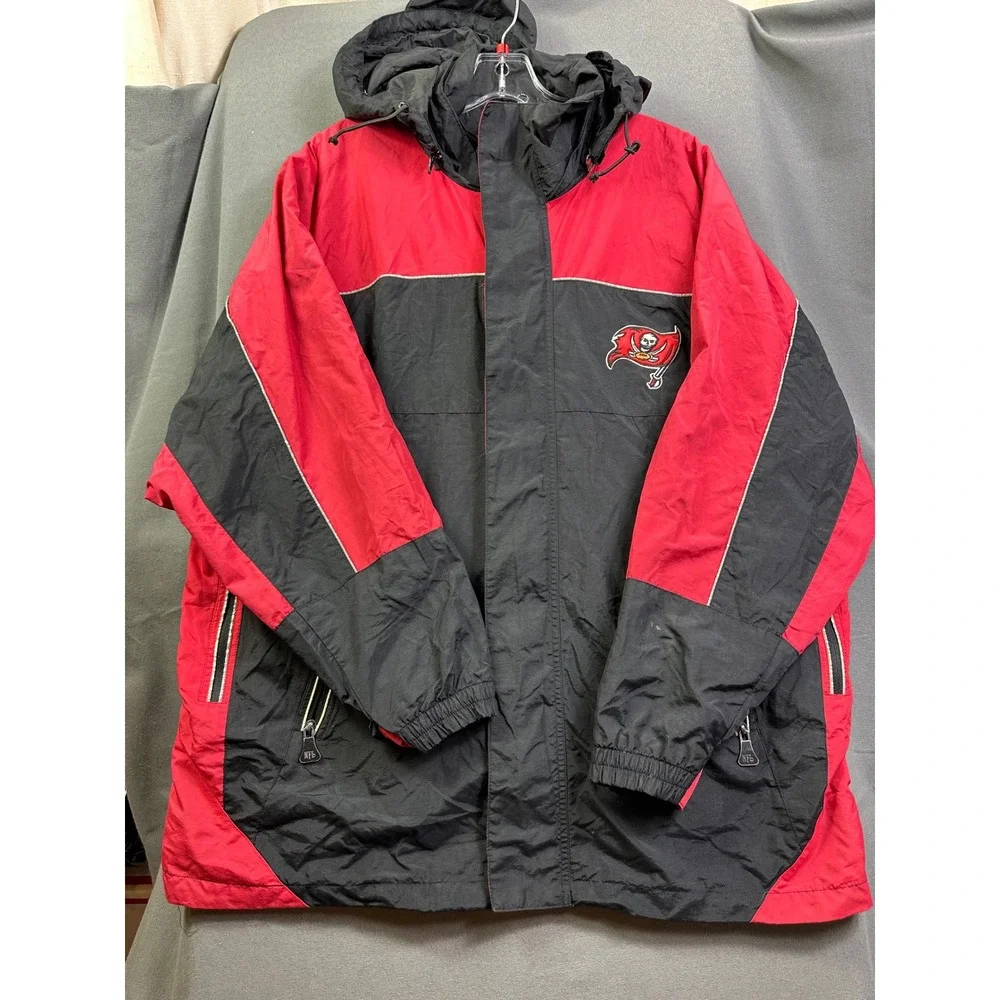 NFL Tampa Bay Buccaneers Hooded Jacket Red Black Colorblock Men Medium Full Zip
